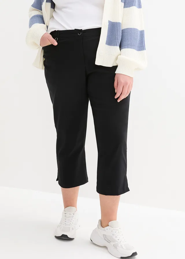 Pantalon 7/8 en bengaline avec taille élastiquée, Couleur: noir