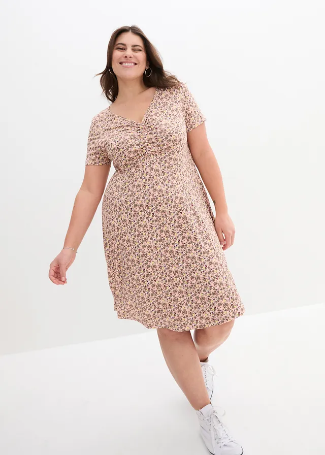 Robe en jersey longueur genou en viscose mélangée, Couleur: pêche clair à fleurs