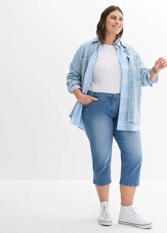 Slim fit capri jeans met mid waist, Kleur: blue stone