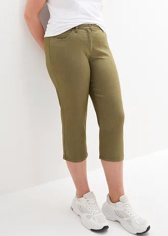 Mid waist jeans met comfortband, straight, Kleur: olijfgroen