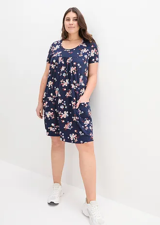 Krátké žerzejové šaty z měkké viskózové směsi, barva: tmavě modrá s květy