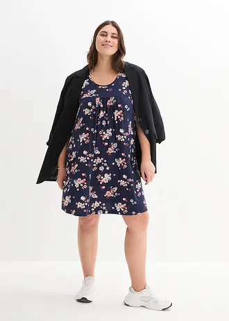 Robe en jersey à manches courtes, Couleur: bleu foncé à fleurs
