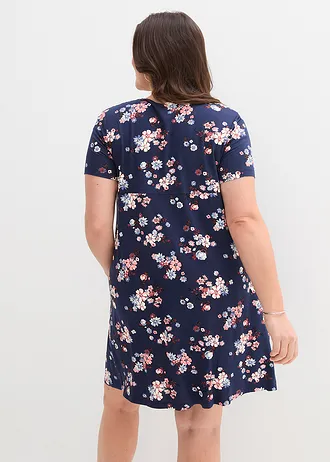 Robe en jersey à manches courtes, Couleur: bleu foncé à fleurs
