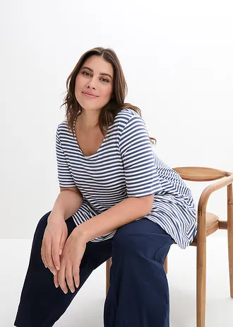 Tunique T-shirt en viscose extensible, Couleur: indigo-écru rayé
