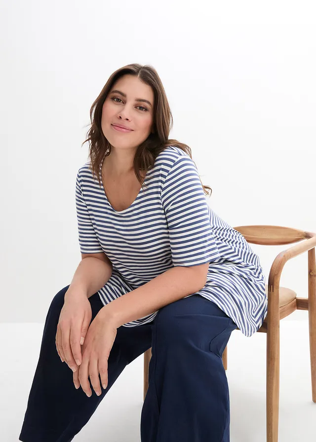 Tunique T-shirt en viscose extensible, Couleur: indigo/écru rayé