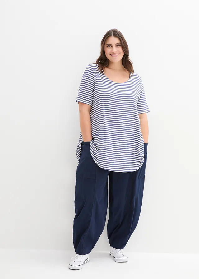 Tunique T-shirt en viscose extensible, Couleur: indigo/écru rayé