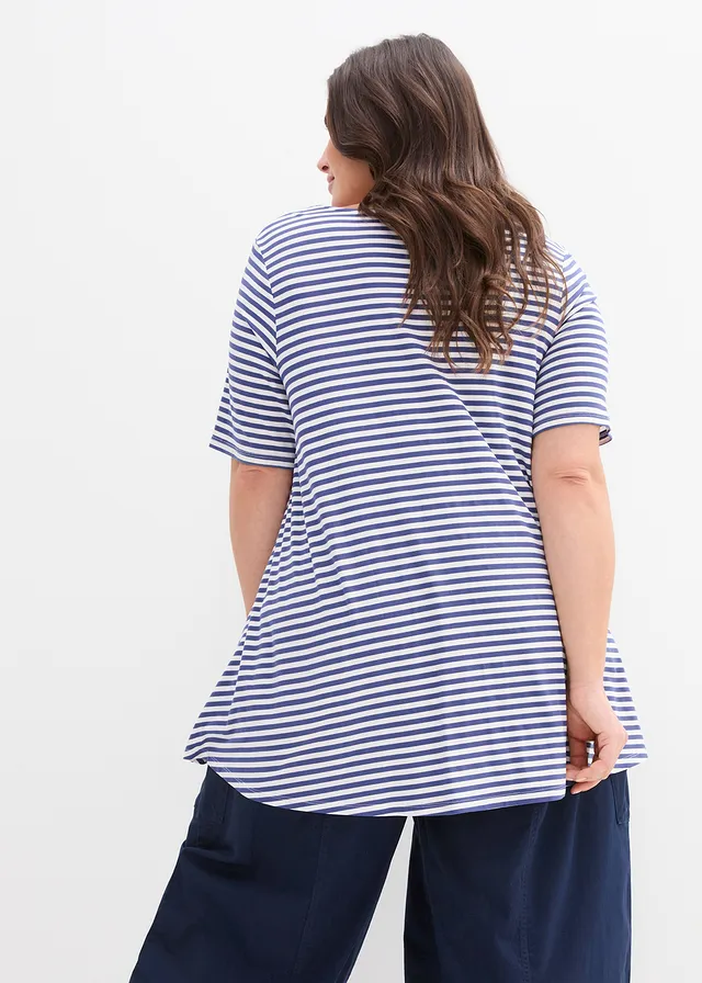 Tunique T-shirt en viscose extensible, Couleur: indigo/écru rayé