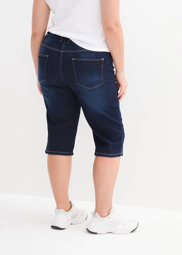 Bermuda en jean, taille mi-haute élastiquée, Couleur: bleu nuit denim
