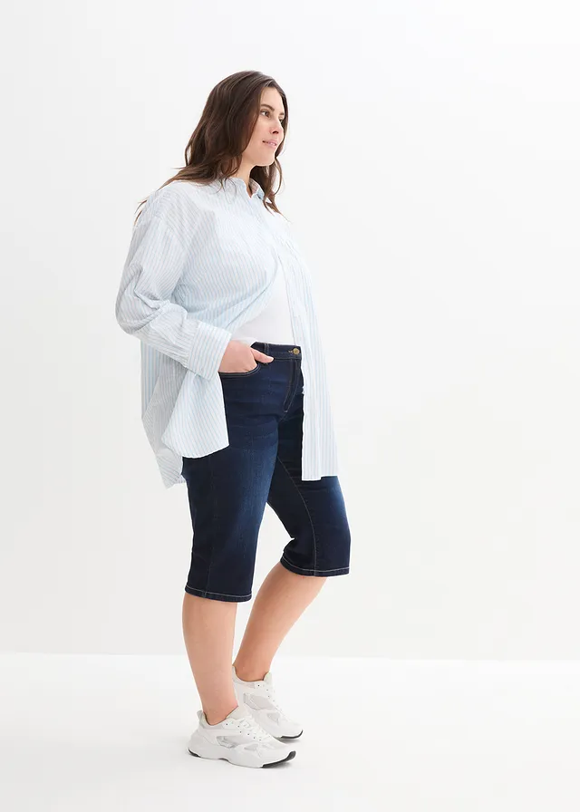 Jeans bermuda mid waist, comfortabele tailleband, Kleur: nachtblauw denim