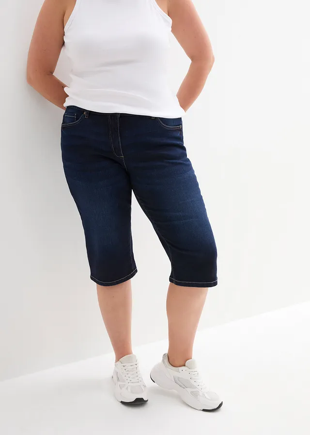 Bermuda en jean, taille mi-haute élastiquée, Couleur: bleu nuit denim