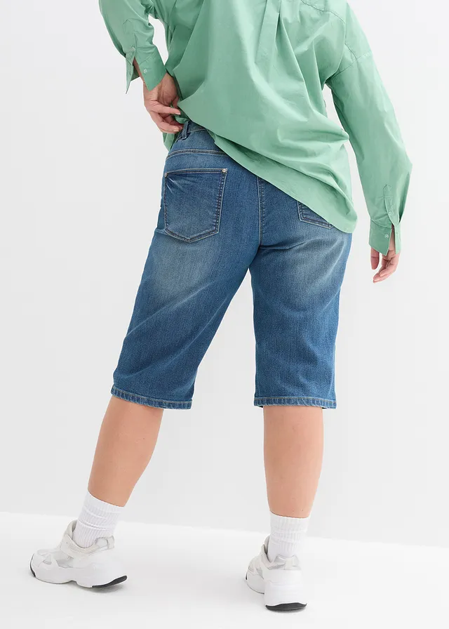 Stretch jeans bermuda met omslag, Kleur: blauw denim