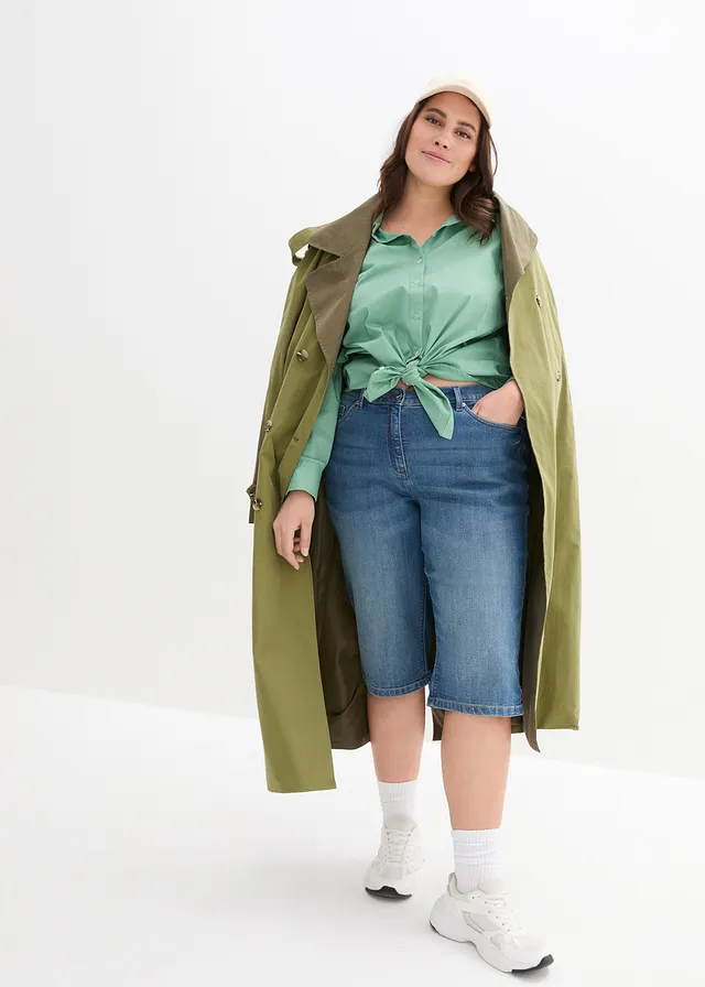 Stretch jeans bermuda met omslag, Kleur: blauw denim