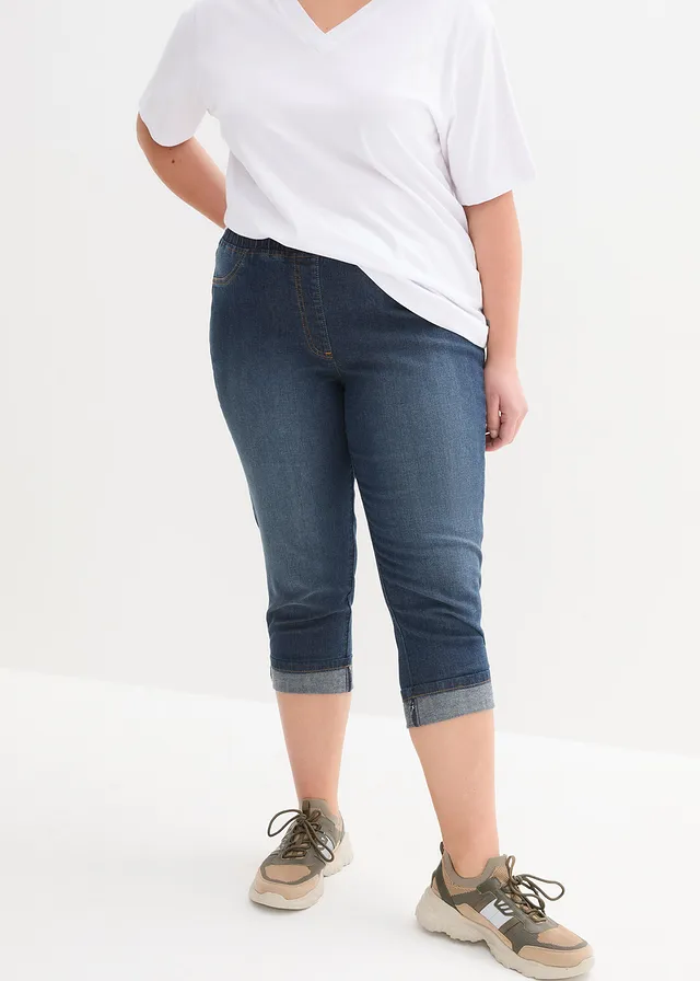 Slim fit jeans van katoen, mid waist, Kleur: donkerblauw denim