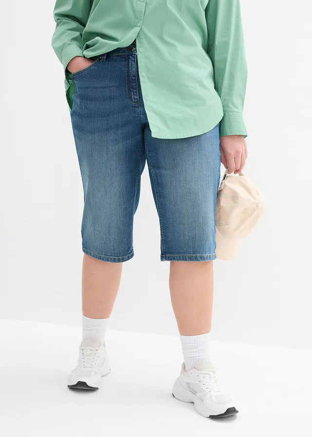 Stretch jeans bermuda met omslag, Kleur: blauw denim