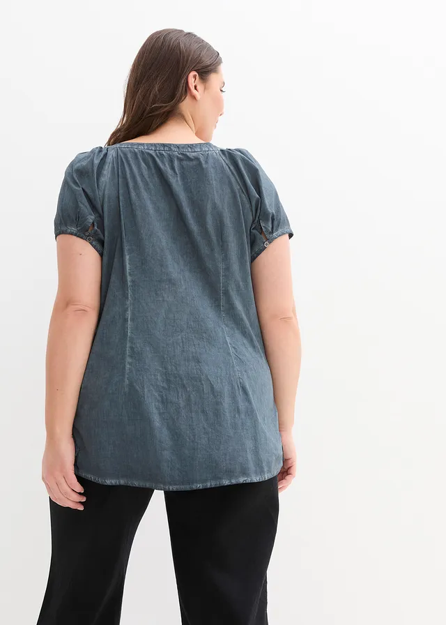 Chemisier manches courtes 100% coton, Couleur: bleu foncé