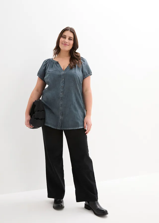 Cold dyed blouse van katoen, korte mouw, Kleur: donkerblauw