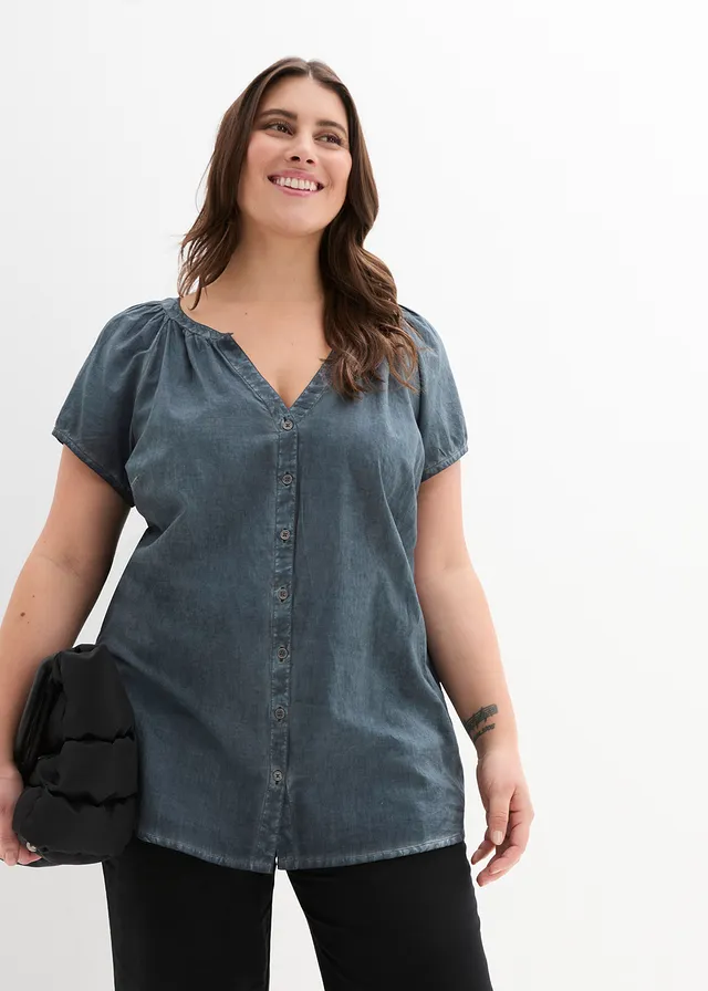 Cold dyed blouse van katoen, korte mouw, Kleur: donkerblauw