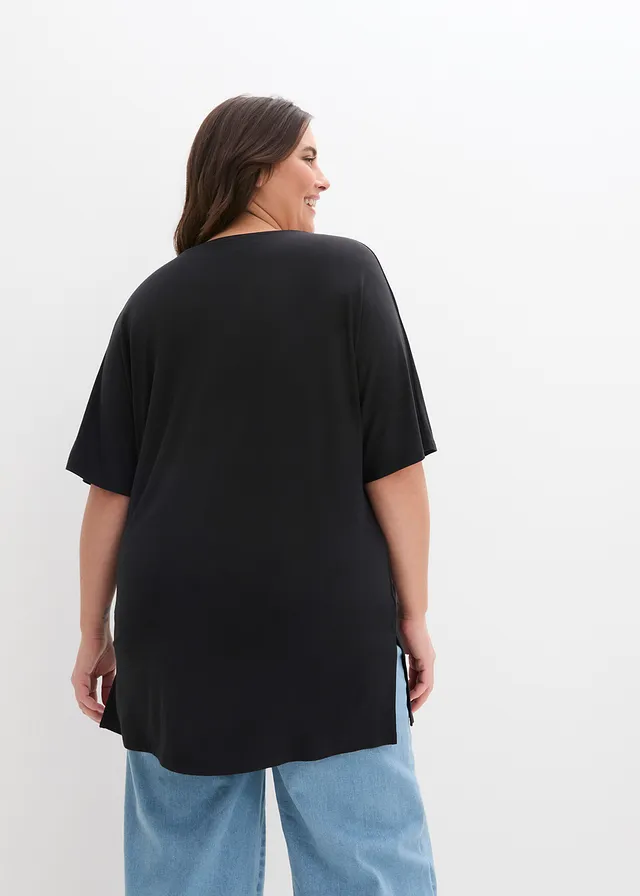 T-shirt long en viscose extensible, Couleur: noir