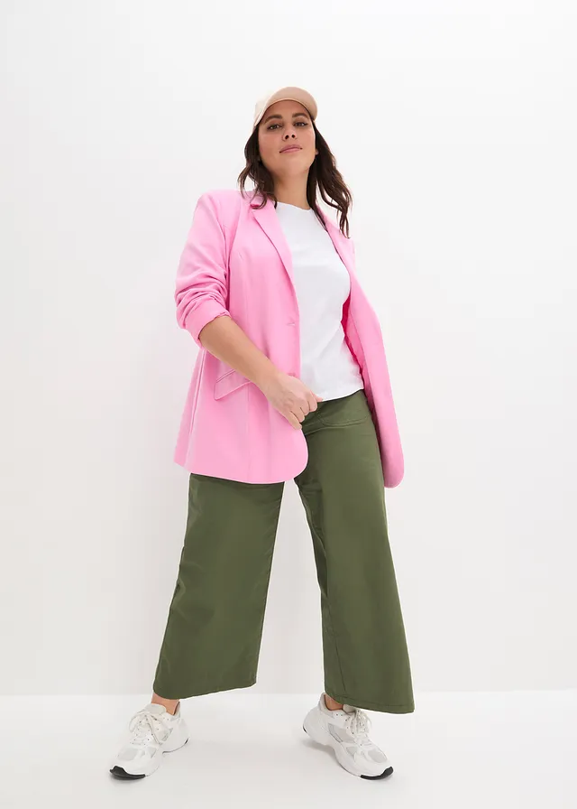 Wide leg jeans met high waist en comfortband, Kleur: olijfgroen