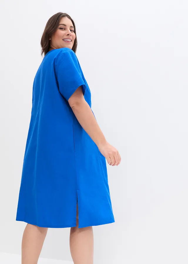 Tuniekjurk met zakken van een mix van linnen en katoen, Kleur: azuurblauw