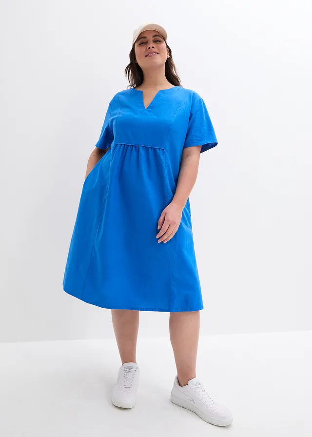 Tuniekjurk met zakken van een mix van linnen en katoen, Kleur: azuurblauw