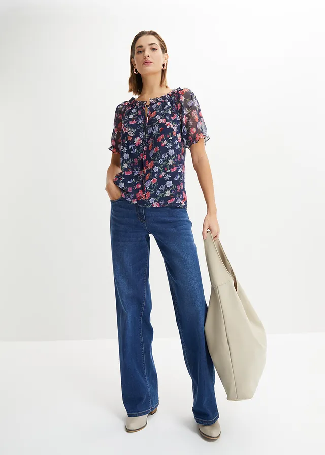 Tuniekblouse blauw gebloemd