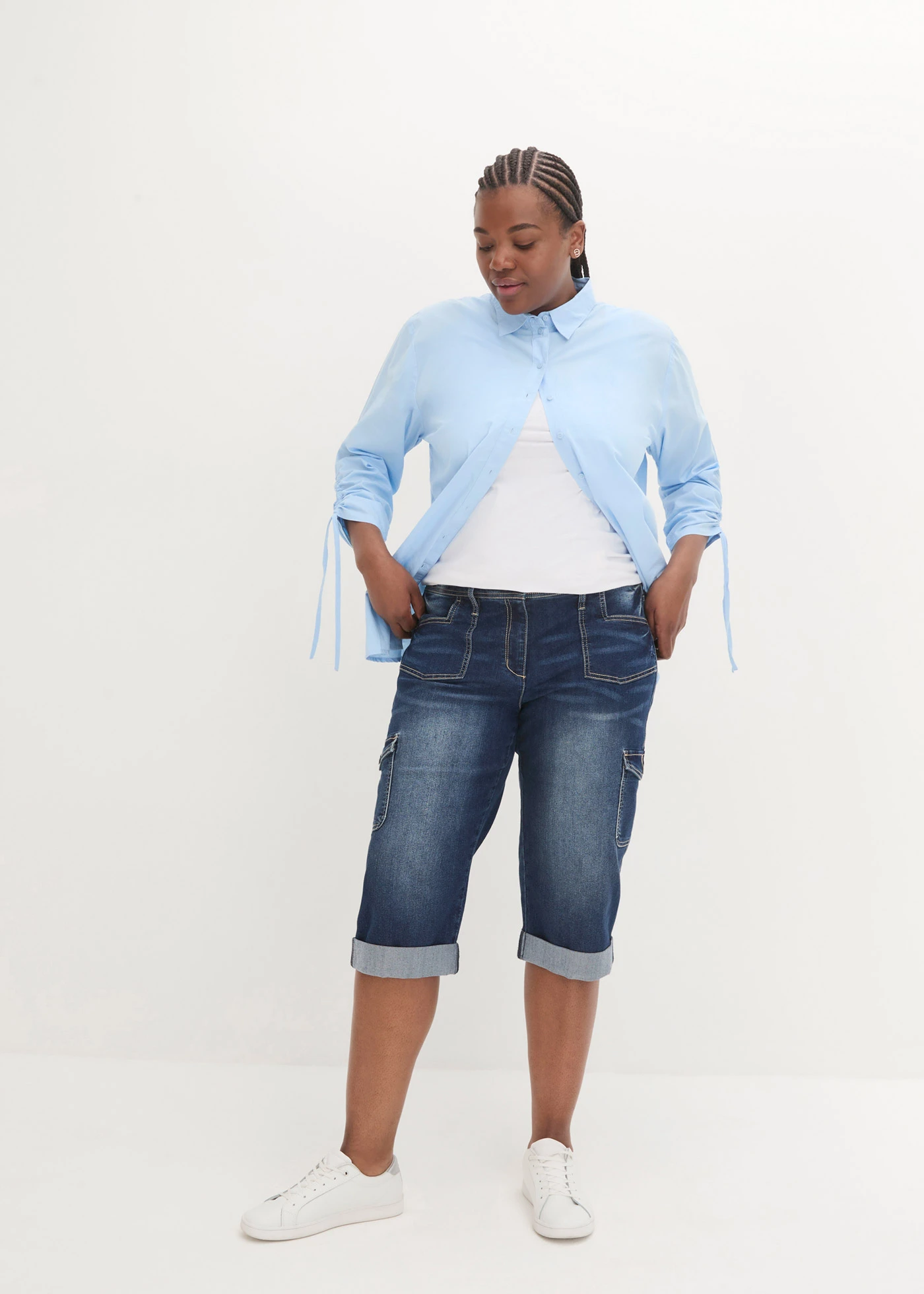 Stretch cargo jeans, mid waist • donkerblauw denim plus size • bonprix online shop