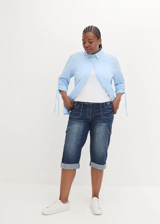 Jean cargo extensible, taille mi-haute, Couleur: bleu foncé denim