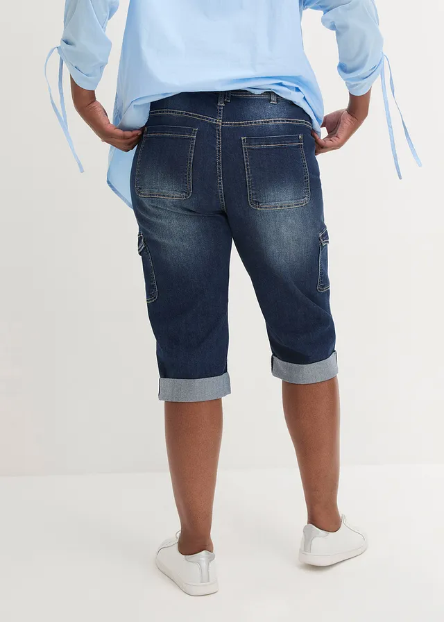 Strečové cargo džíny, Mid Waist, barva: tmavě modrý denim