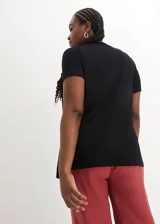 T-shirt 2en1 col V, manches courtes, Couleur: noir pois blanc