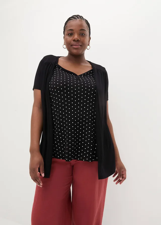 2-in-1 shirt met V-hals, korte mouw, Kleur: zwart-wit gestippeld