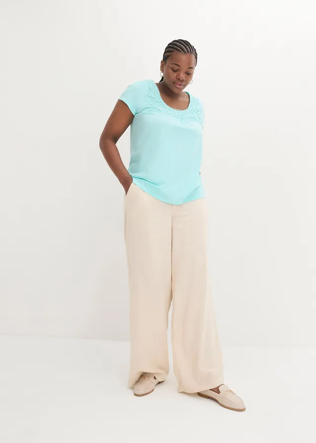 T-shirt coton et dentelle, manches courtes, Couleur: menthe polaire