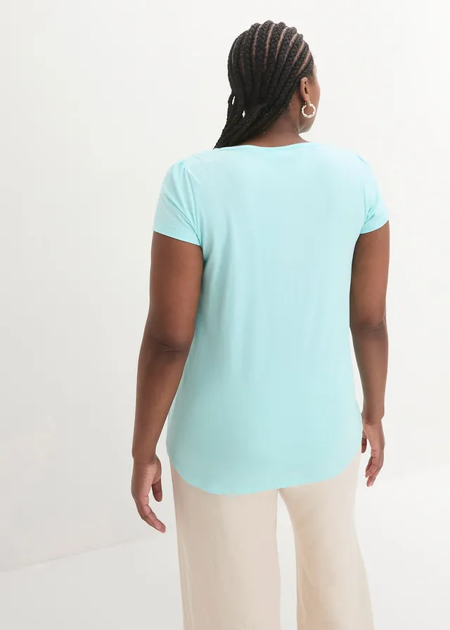 Katoenen shirt met kant, korte mouw, Kleur: poolmint