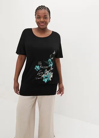 Shirt met boothals, halflange mouw, Kleur: zwart gebloemd