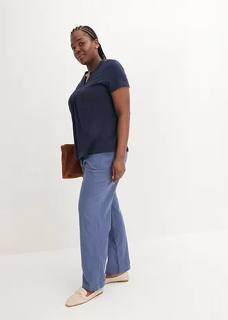 T-shirt coton fil flammé manches courtes, Couleur: bleu foncé