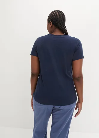 T-shirt coton fil flammé manches courtes, Couleur: bleu foncé