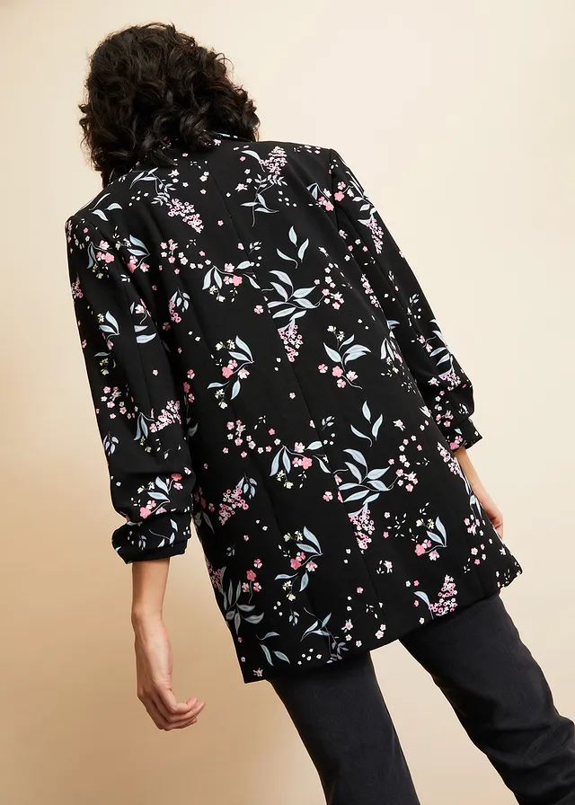 Lange blazer met print, Kleur: zwart gebloemd