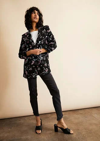 Lange gedessineerde blazer • zwart gebloemd • bonprix online shop