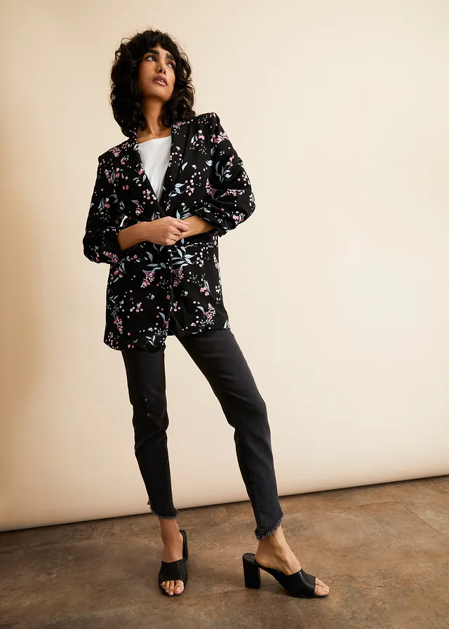 Lange blazer met print, Kleur: zwart gebloemd