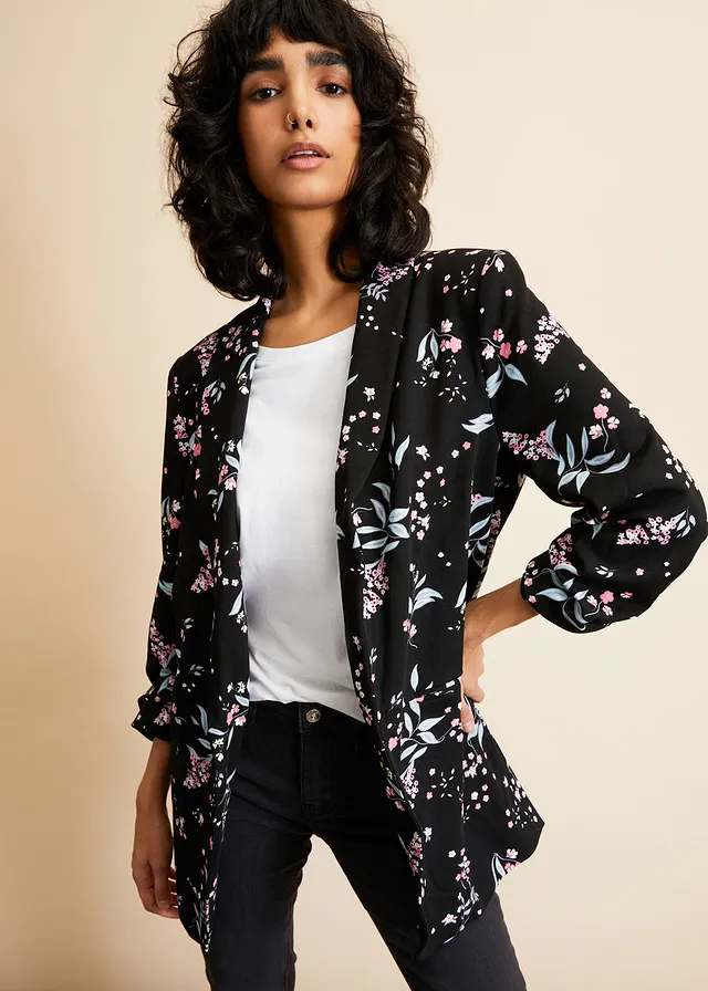 Lange blazer met print, Kleur: zwart gebloemd