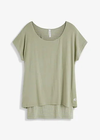 T-shirt long en viscose douce et extensible, Couleur: gris vert/blanc