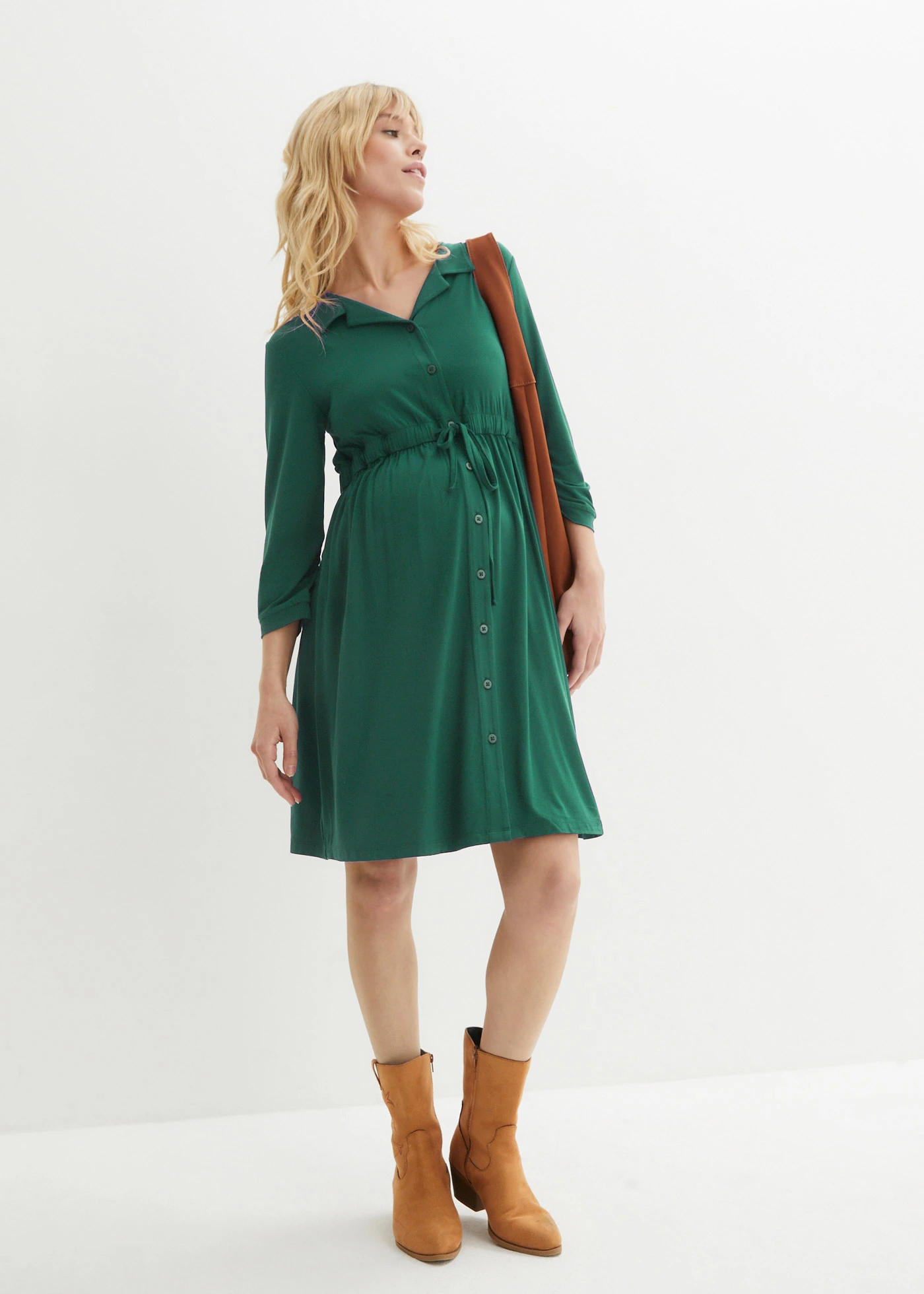 Rochie maternitate, cu guler • verde închis • magazin bonprix