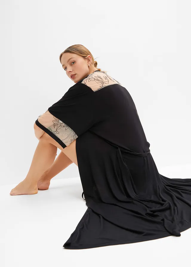 Lange kimono van viscose met borduursel, Kleur: zwart/krijtbeige