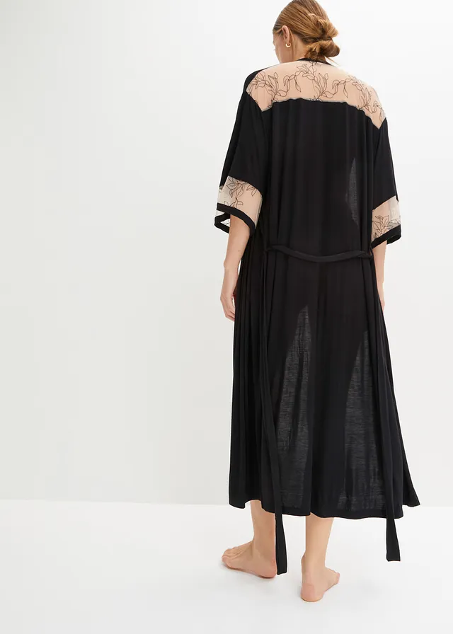 Lange kimono van viscose met borduursel, Kleur: zwart/krijtbeige