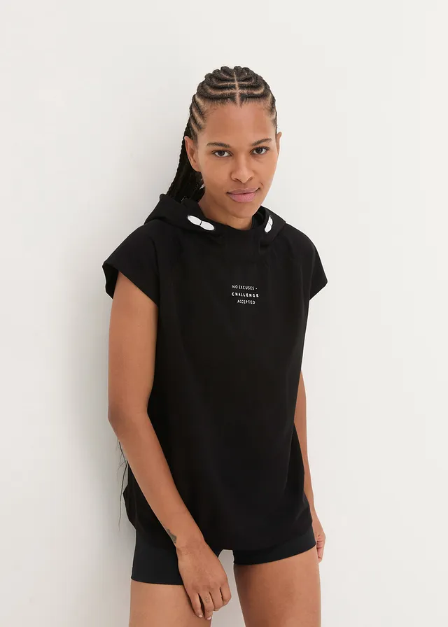 Sportshirt met capuchon, Kleur: zwart