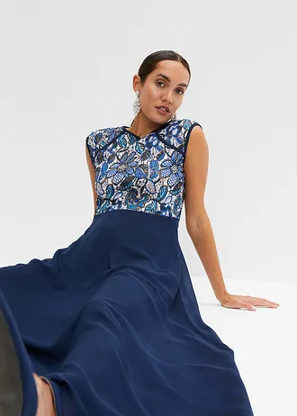 Maxi jurk met kant • donkerblauw gebloemd • bonprix online shop