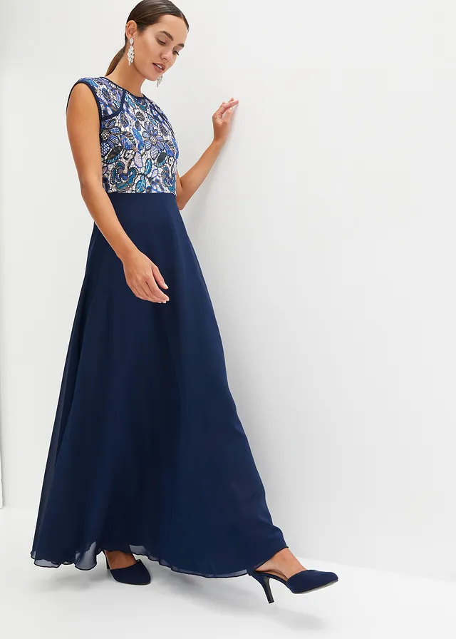 Robe longue à dentelle, Couleur: bleu foncé floral