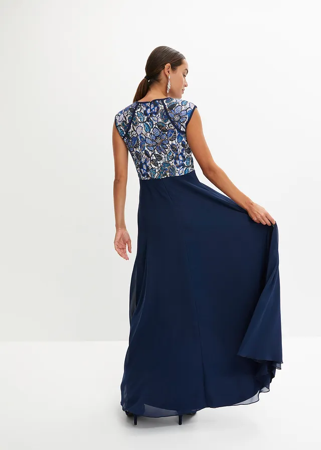 Robe longue à dentelle, Couleur: bleu foncé floral