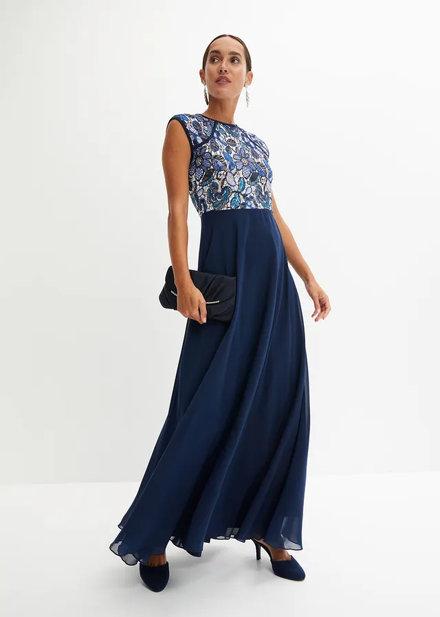 Robe longue à dentelle, Couleur: bleu foncé floral