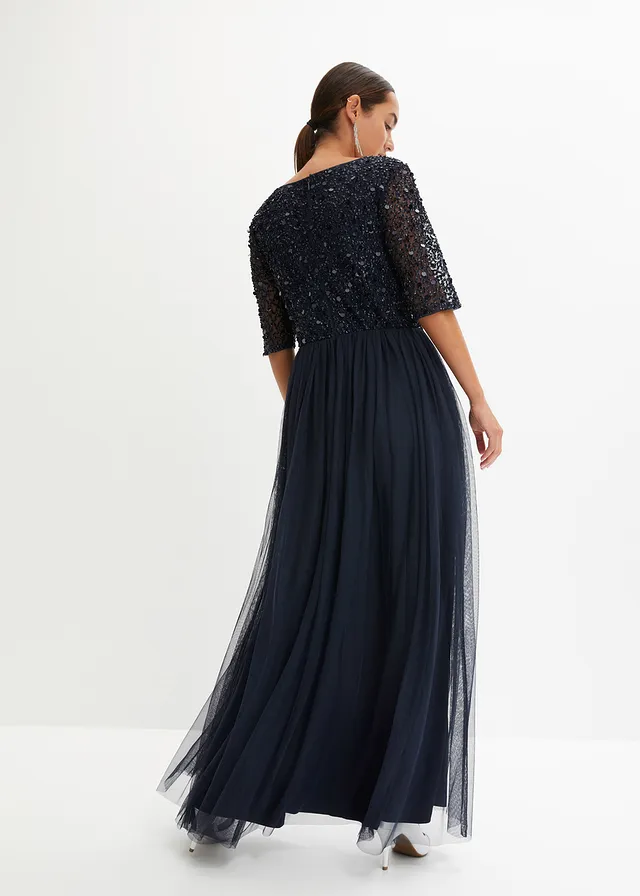Avondjurk van sierlijke tule met paillettenborduursel, Kleur: donkerblauw